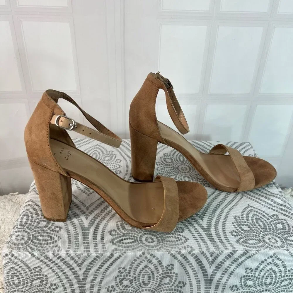 A New Day Tan Ema High Block Heel Square Toe Suede Ankle Strap Sandals Size 10